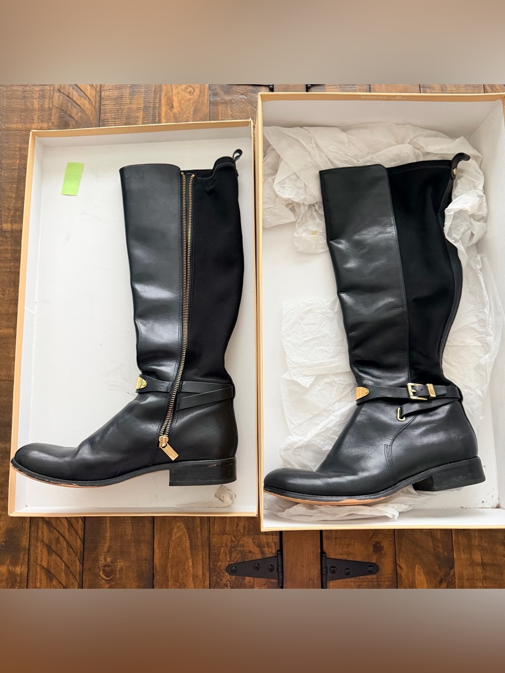 Michael Kors Black Leather Arley Stretch Boots with Gold Buckle